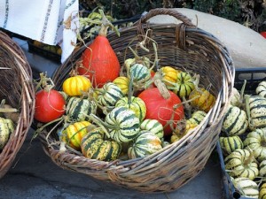 Small decorative green pympkins in basket